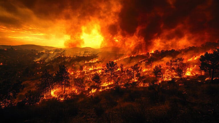 Hills above Los Angeles, California ablaze due to wildfires